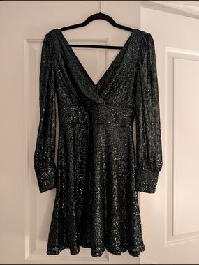 le chateau Dark Green Sequin Long-Sleeve V-Neck Dress